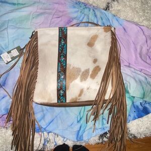 Brown and White cowhide Fringe crossbody purse